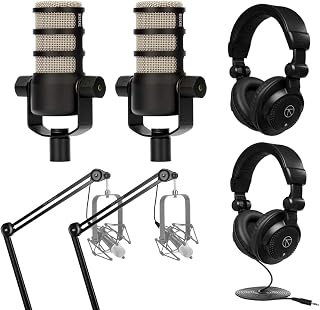 Rode PodMic Dynamic Podcasting Microphone Black, Pair, Bundle with 2X Broadcast Arms and 10' XLR Cables, Turnstile Audio Headphones