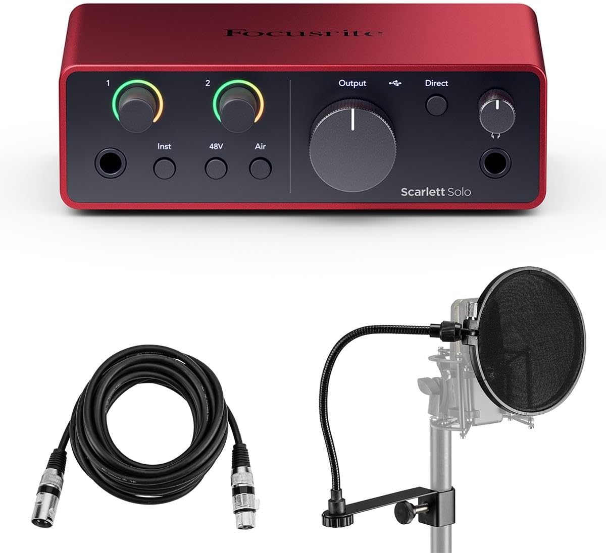 Focusrite Scarlett Solo 4th Gen USB Interface with Software Suite, Bundle With H&A Pop Filter, XLR M to F Cable 10'