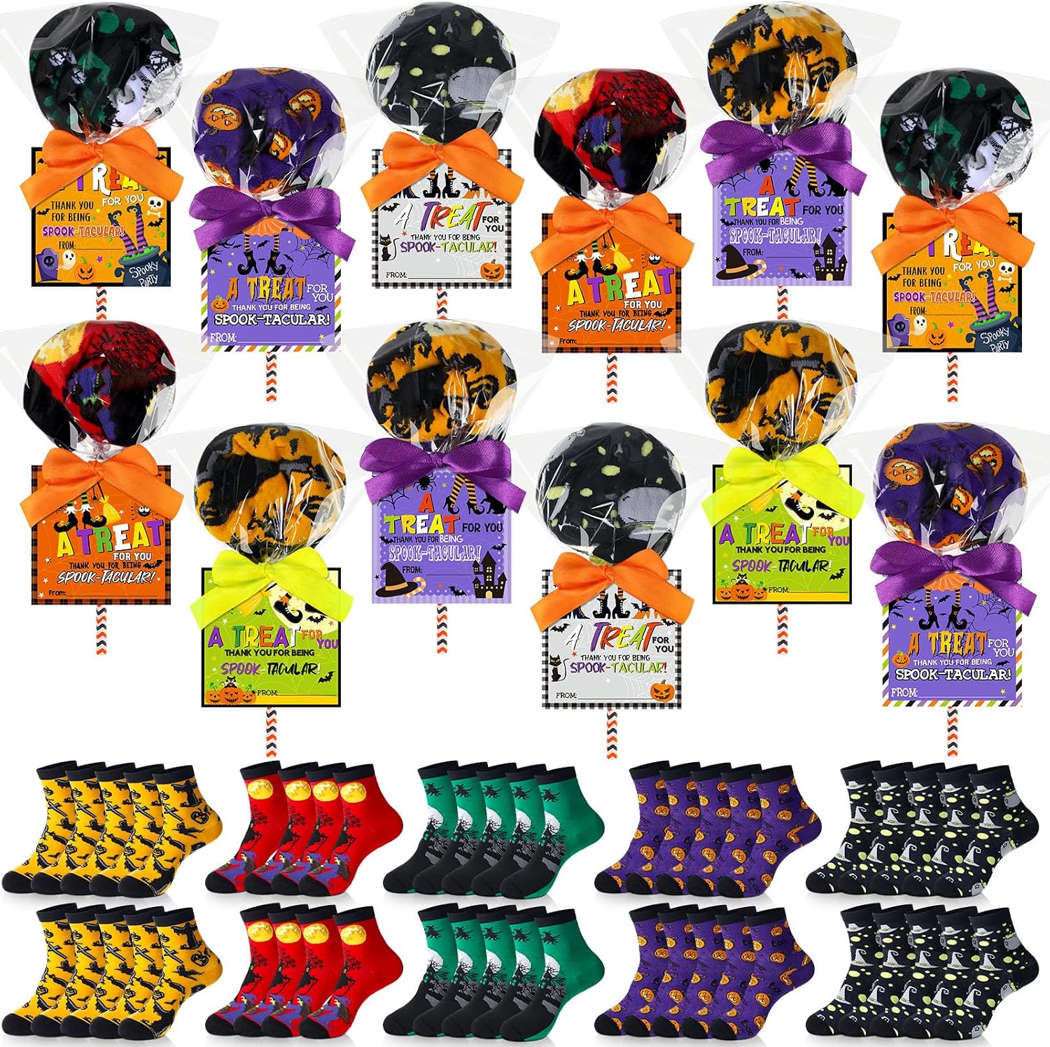 Blosssound 24 Paris Halloween Socks Bulk with 24 Cards 24 Stickers 24 Plastic Bags DIY Funny Spooky Ghost Pumpkin Bat Witch Socks Lollipop for Women Girls Men Trick or Treat Party Favors Gifts Crafts