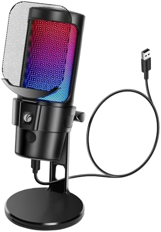 VCOM Gaming USB Microphone, Condenser Dynamic Mic for Podcasting, Streaming, with Quick Mute, Desktop Stand, Pop Filter, RGB Indicator, Shock Mount, Rotate gain Button, Compatible with PS4/5/PC